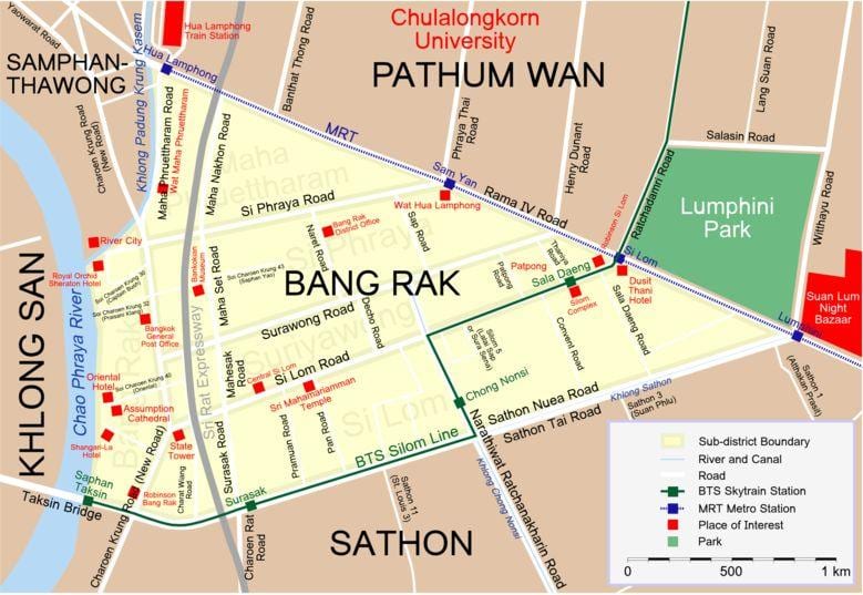 แผนที่ของกรุงเทพสีแดงแสงสว่างเขต